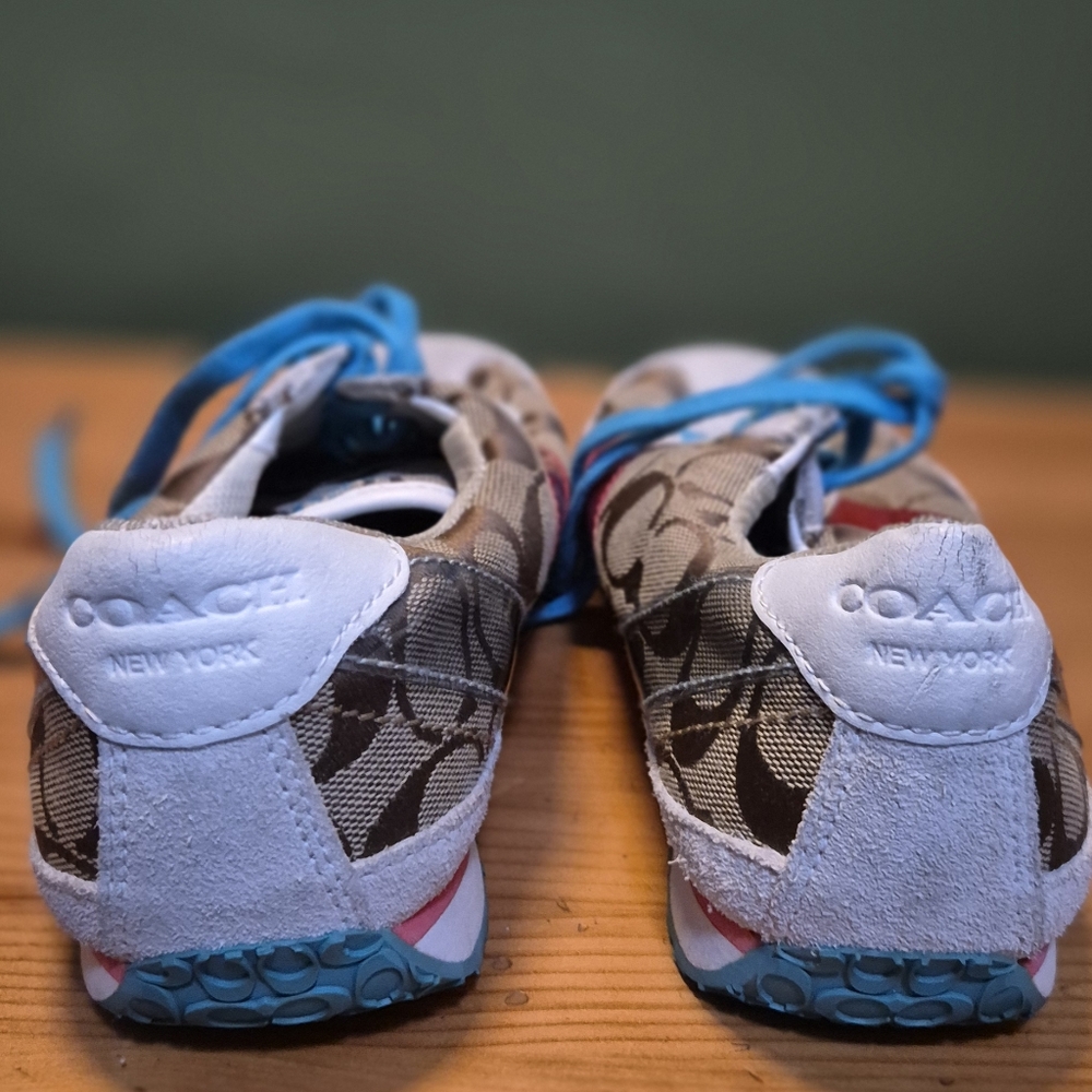Coach Brown Signature Canvas Sneakers with White, Blue & Pink Accents